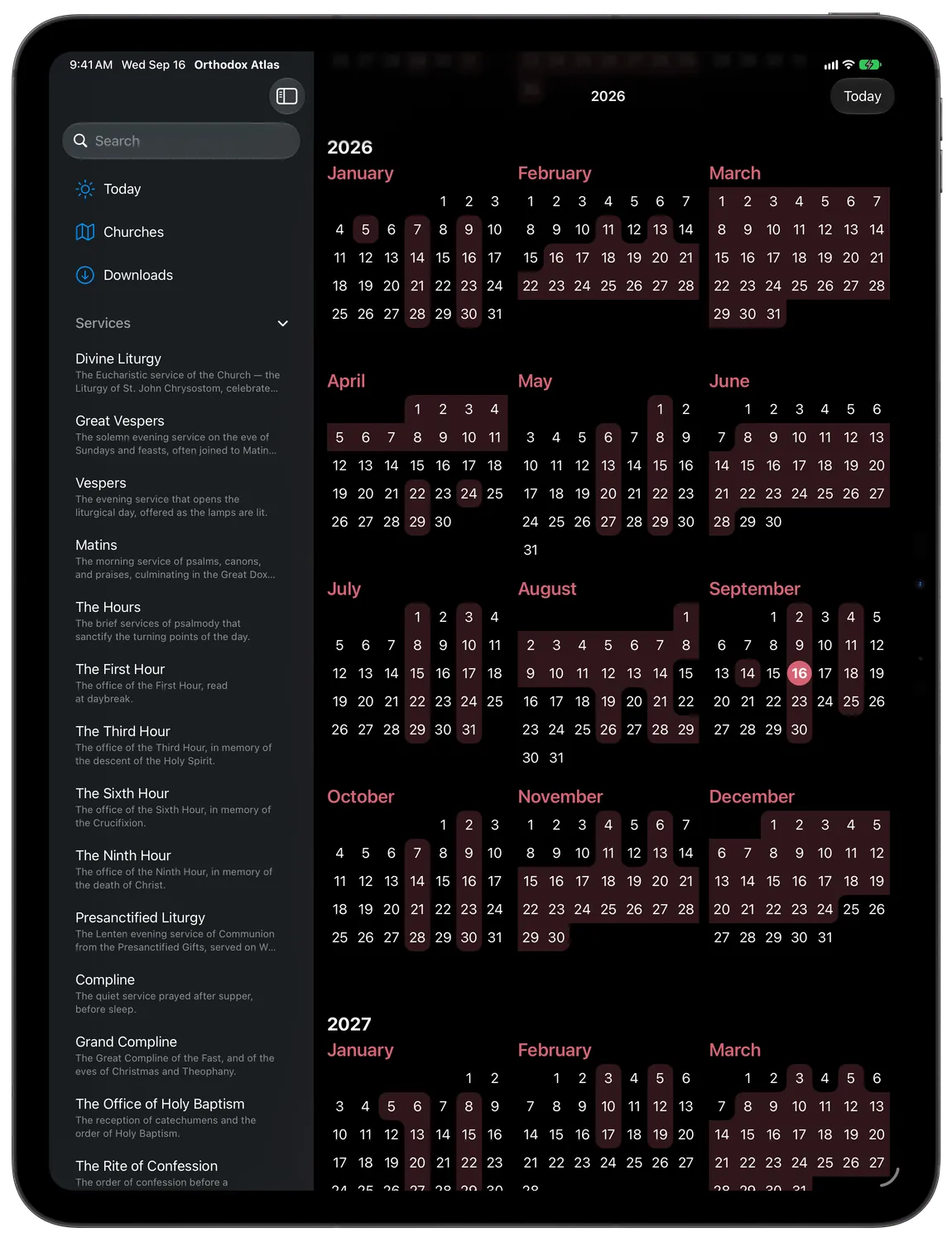 The whole year on iPad, beside the list of services.