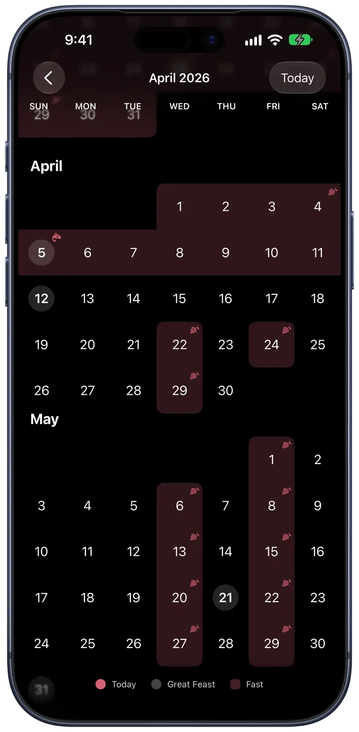The month of April, its fasting days shaded and Pascha marked.