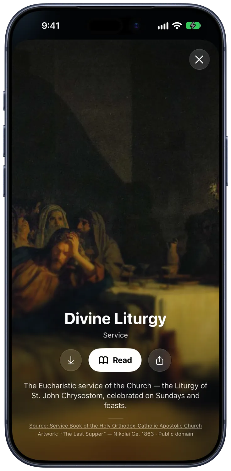 The cover page of the Divine Liturgy, with buttons to read, download or share it.