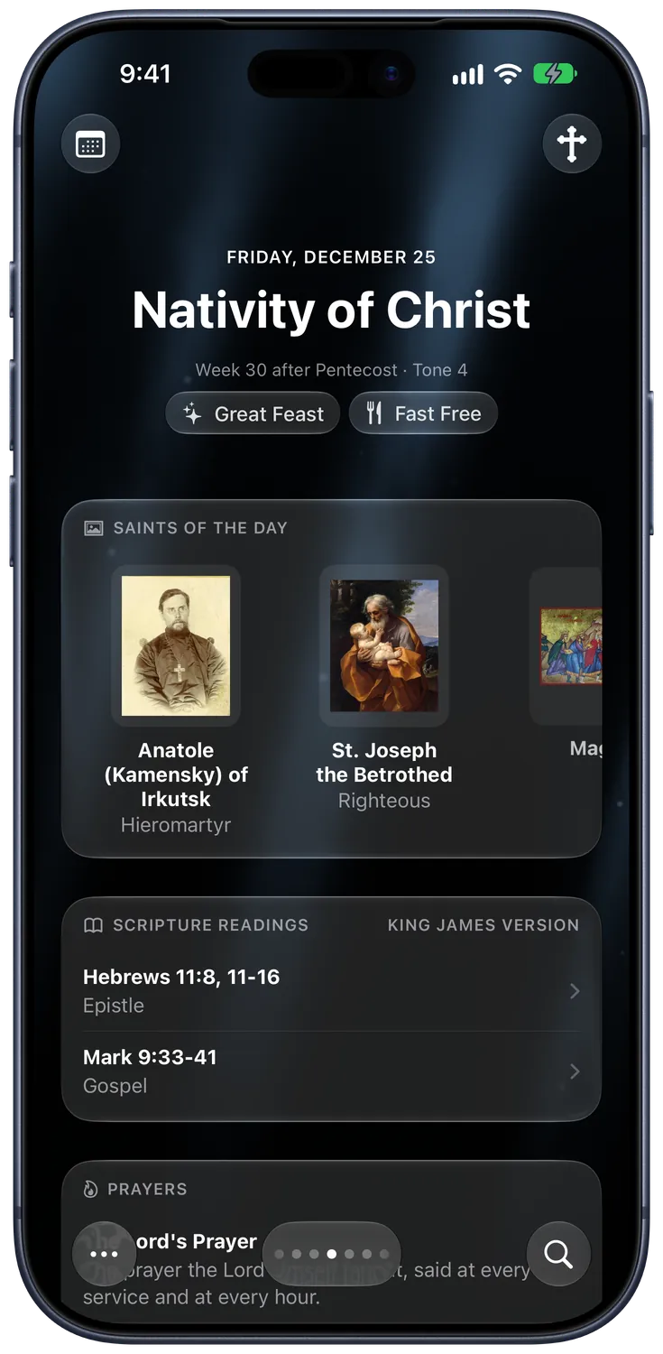 The day page for the Nativity of Christ, with the saints of the day and the readings.
