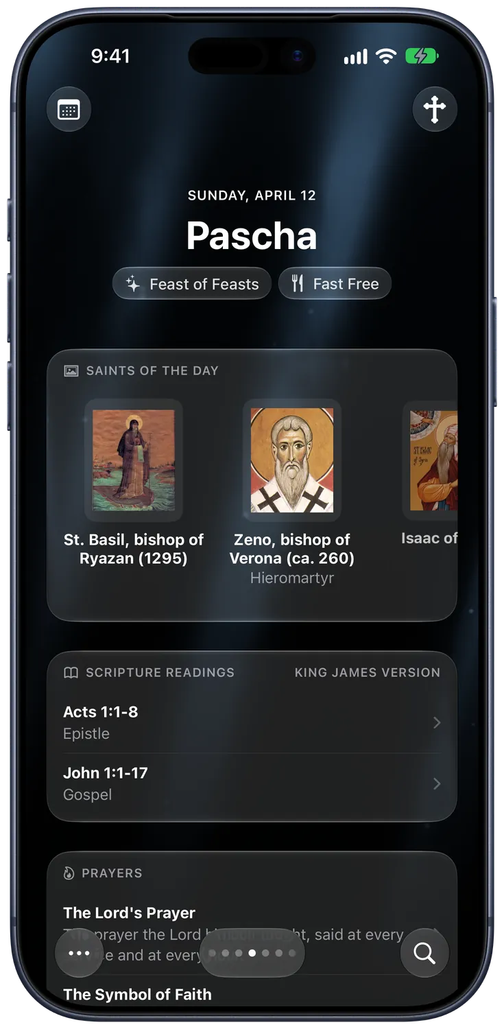 The day page for Pascha, with the saints of the day, the Scripture readings and the prayers.