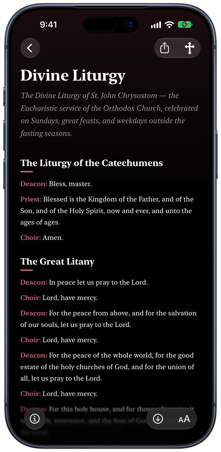 The Divine Liturgy in the reader, each speaker’s part marked in red.